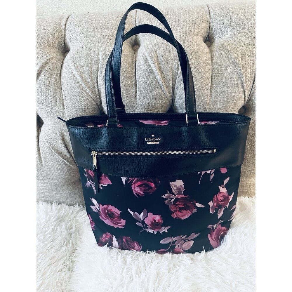 RARE- Kate Spade Black Floral Smith Street Zanna Zip Up Tote Shoulder Bag
